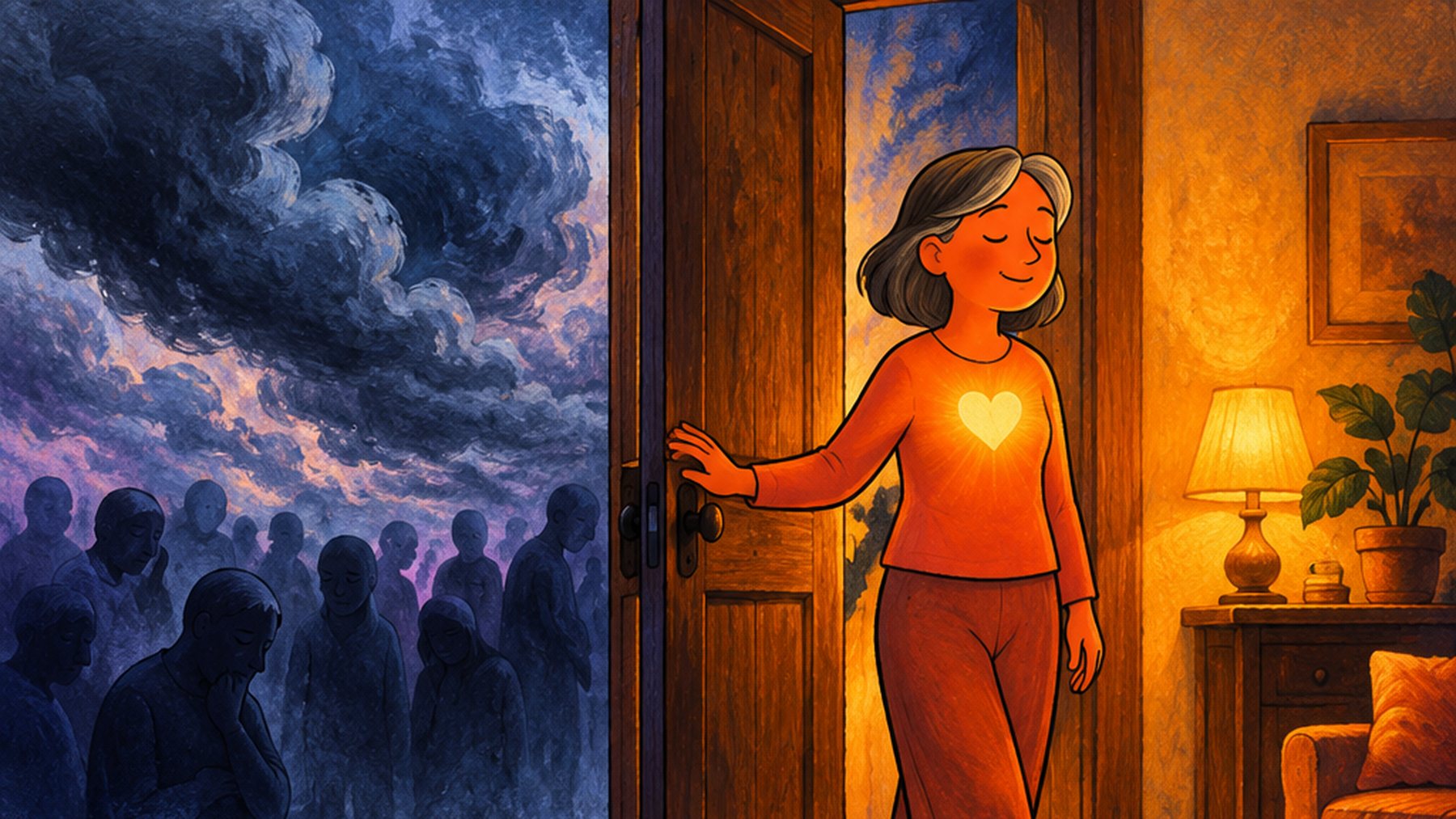 O siluetă la ușă, în amurg; afară e furtună, înăuntru e o lumină caldă